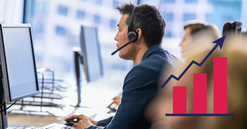 IT support team providing talking to a customer over a headset, with a bar chart indicating business growth