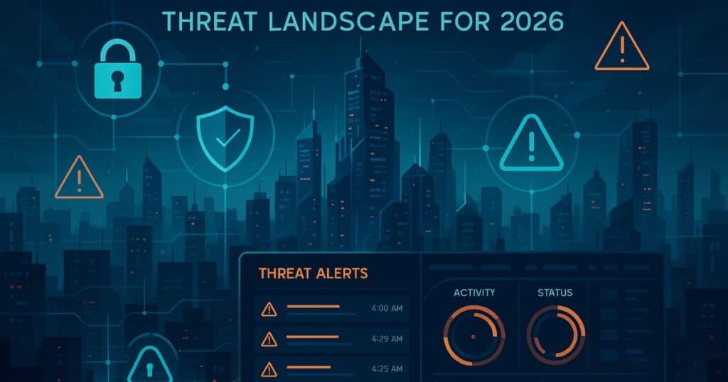 A futuristic digital landscape featuring interconnected supply chain nodes glowing in blue, with one node highlighted in red to symbolise vulnerability. Overlaid with abstract AI neural network patterns and cybersecurity icons (locks, shields, warning triangles). Dark background with neon accents to convey urgency and sophistication.