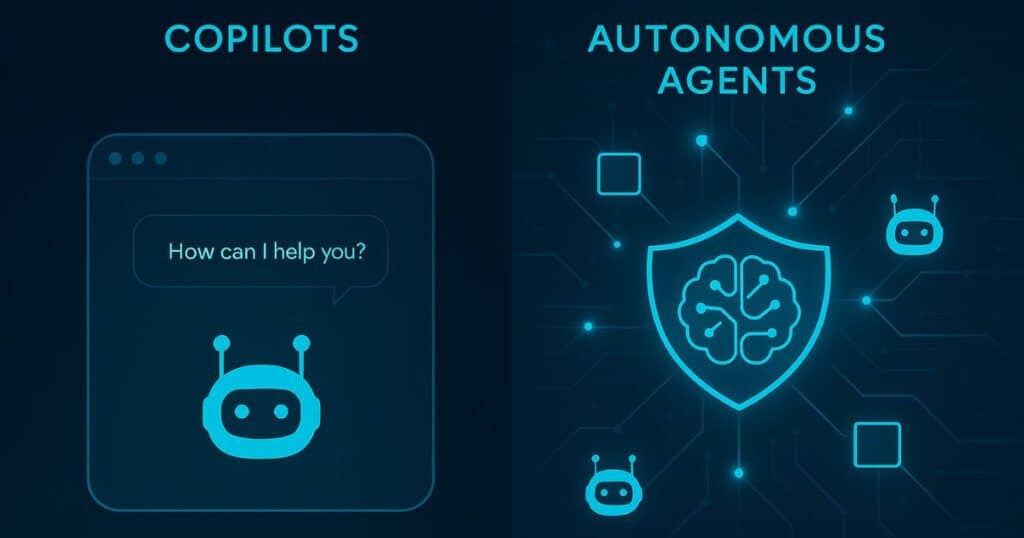 Split-screen image showing copilots on one side and interconnected AI agent network on the other, representing the evolution of AI in business.
