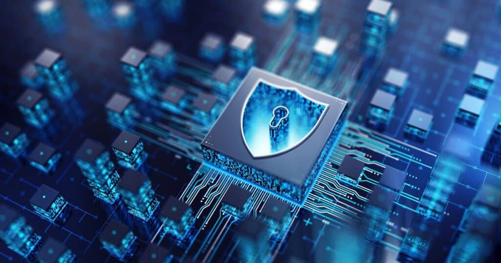 A glowing digital shield representing proactive, AI-driven cybersecurity and resilience for modern businesses.