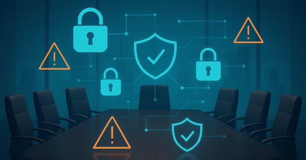 Boardroom table overlaid with cybersecurity icons, representing the shift from compliance to strategic cyber resilience.