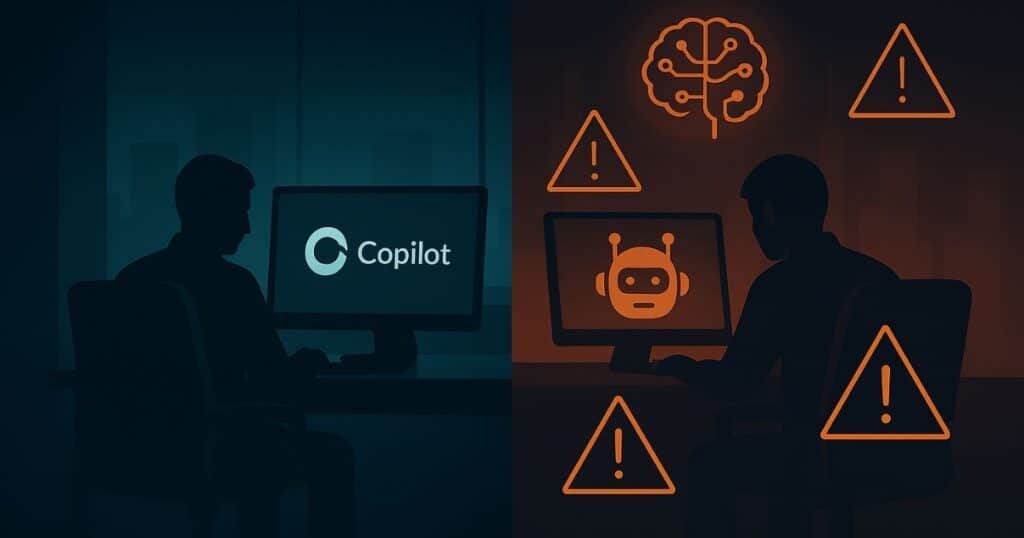 Split-screen image showing shadow AI chaos with warning icons on one side and secure AI governance with padlock and compliance symbols on the other.
