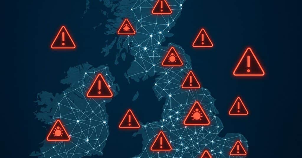 Graphic showing the UK business network with malware threats