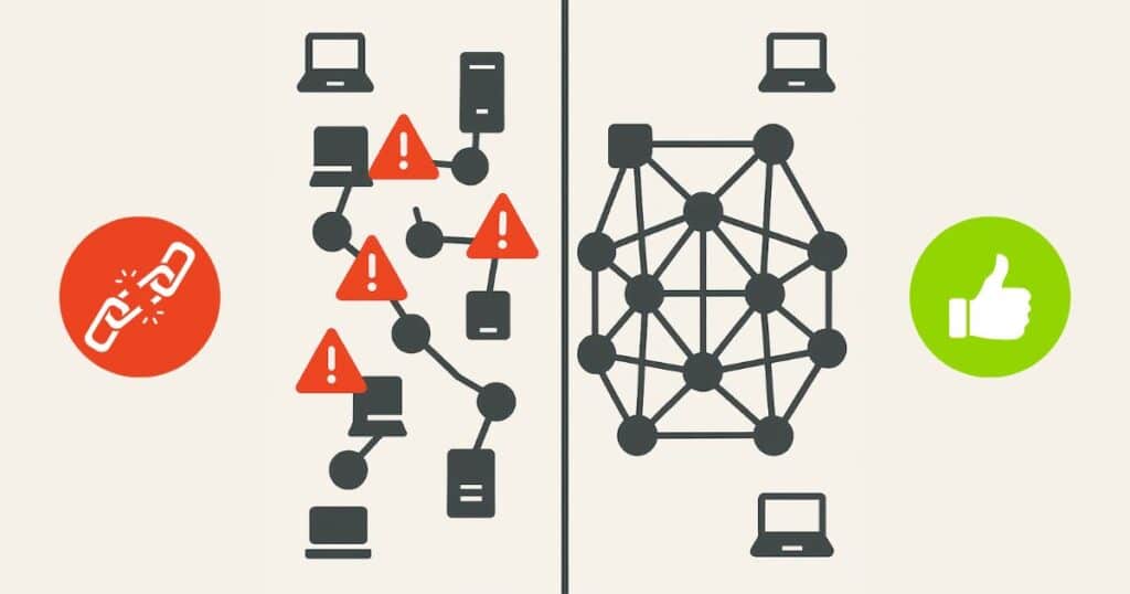 A fragmented IT network diagram with disconnected nodes and warning icons, symbolising the operational and security risks of siloed IT systems.