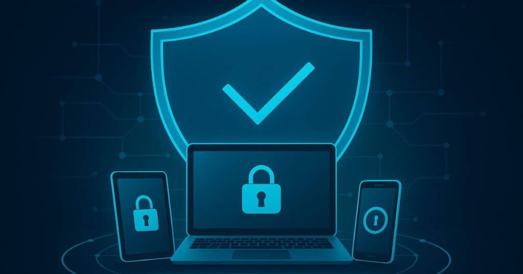 Digital shield surrounded by security icons, representing Zero Trust protection for employees and devices.